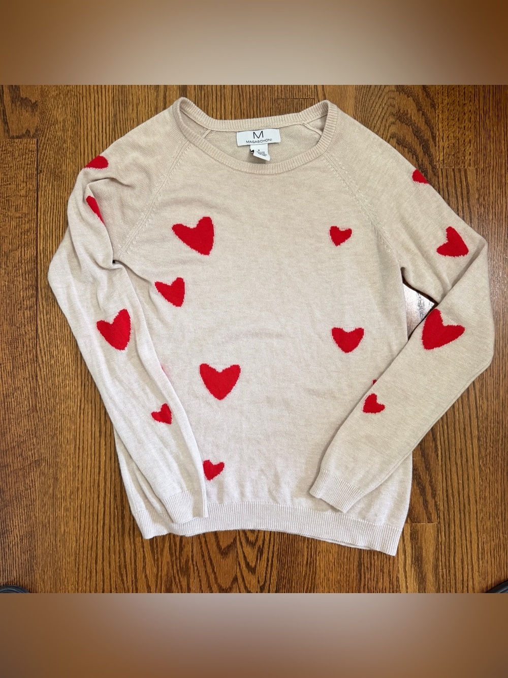 Magaschoni Light Tan Sweater Hearts Lightweight Size Small